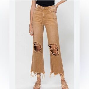 High-Rise Distressed Wide-Leg Jeans in Tan Brown
